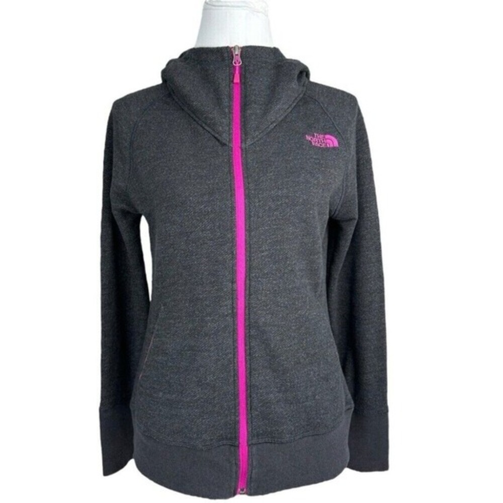 The North Face Womens Full Zip Hoodie Gray Pink High Neck Sweatshirt Medium‎
